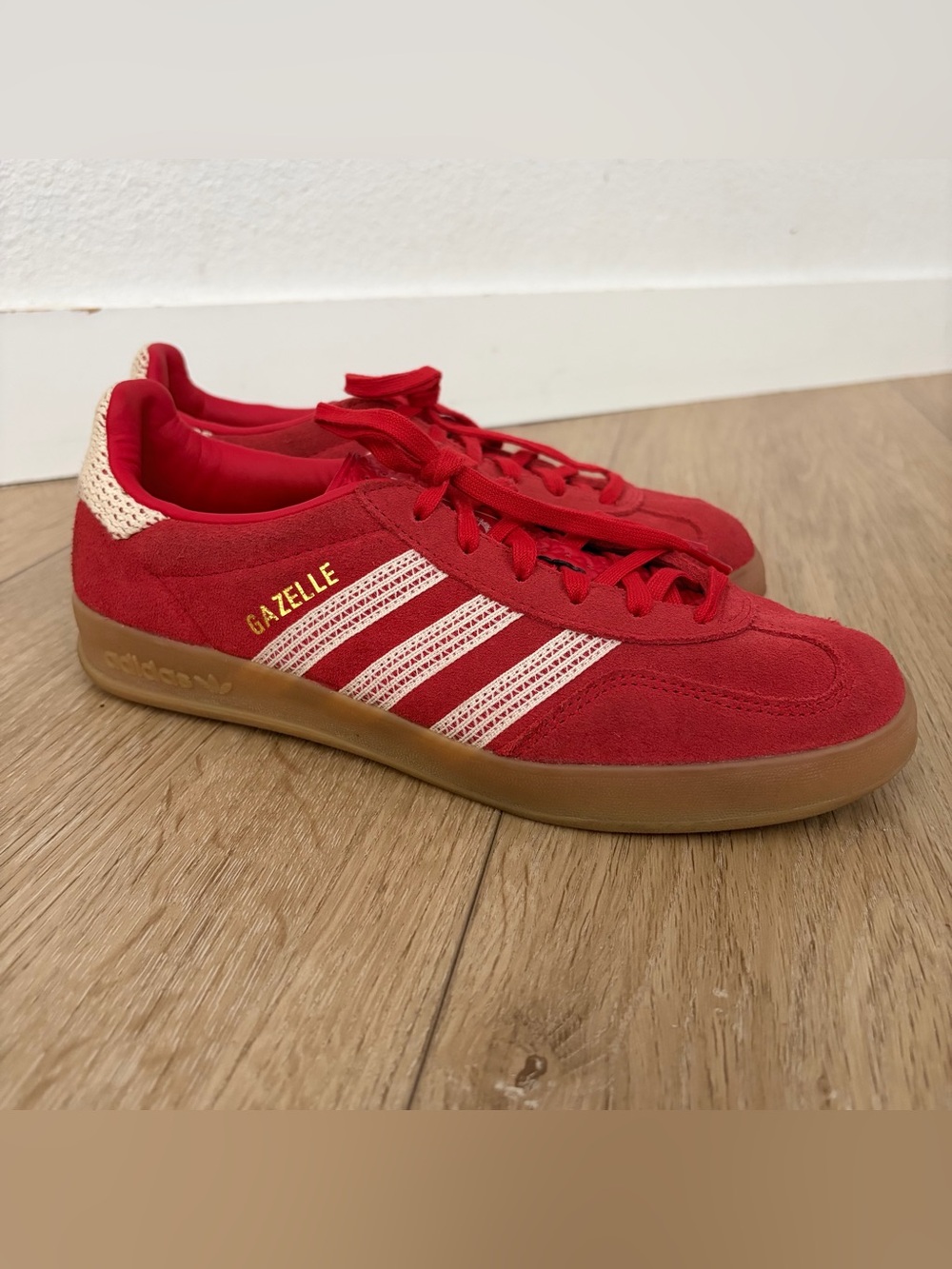 adidas Gazelle Red Suede Sneakers with Cream Stripes and Gum Sole - Picture 3 of 8